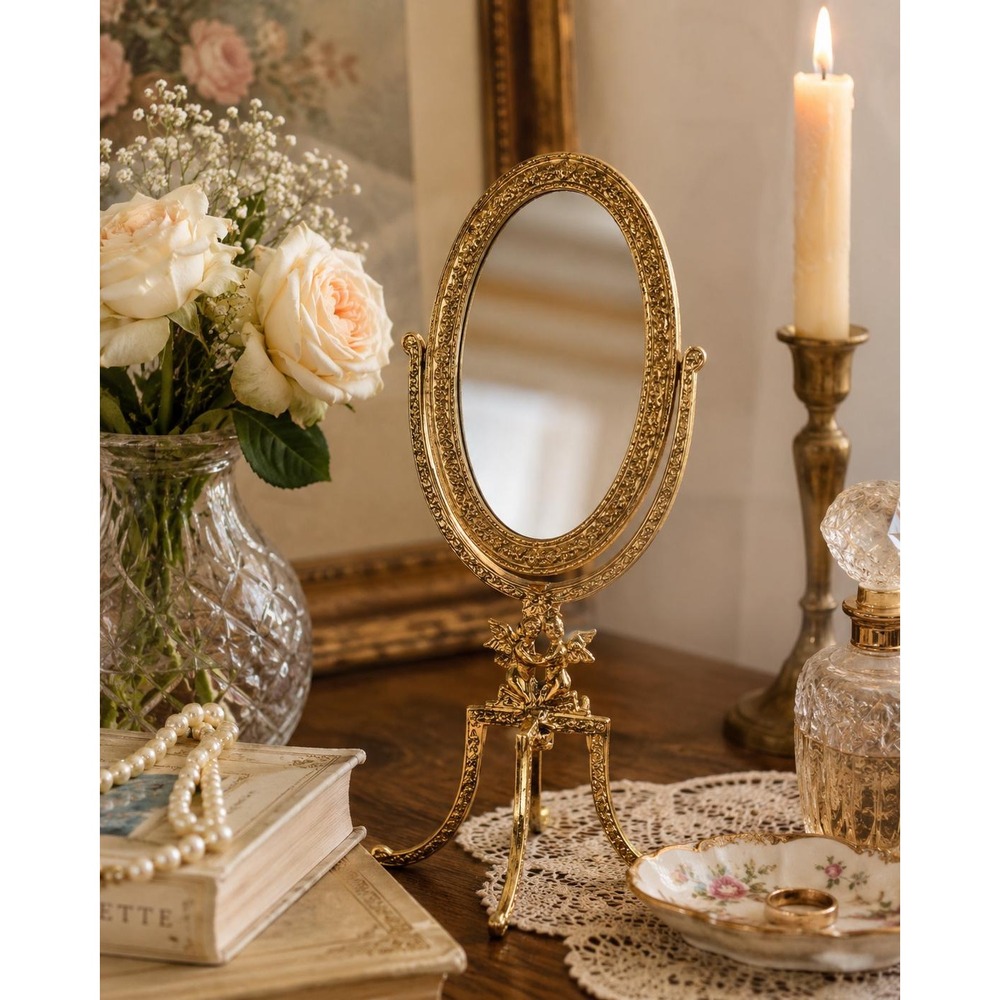 VTG Ornate Gold Cherub Vanity Mirror – Rococo Tilting Tabletop 8.5" Brass Tone